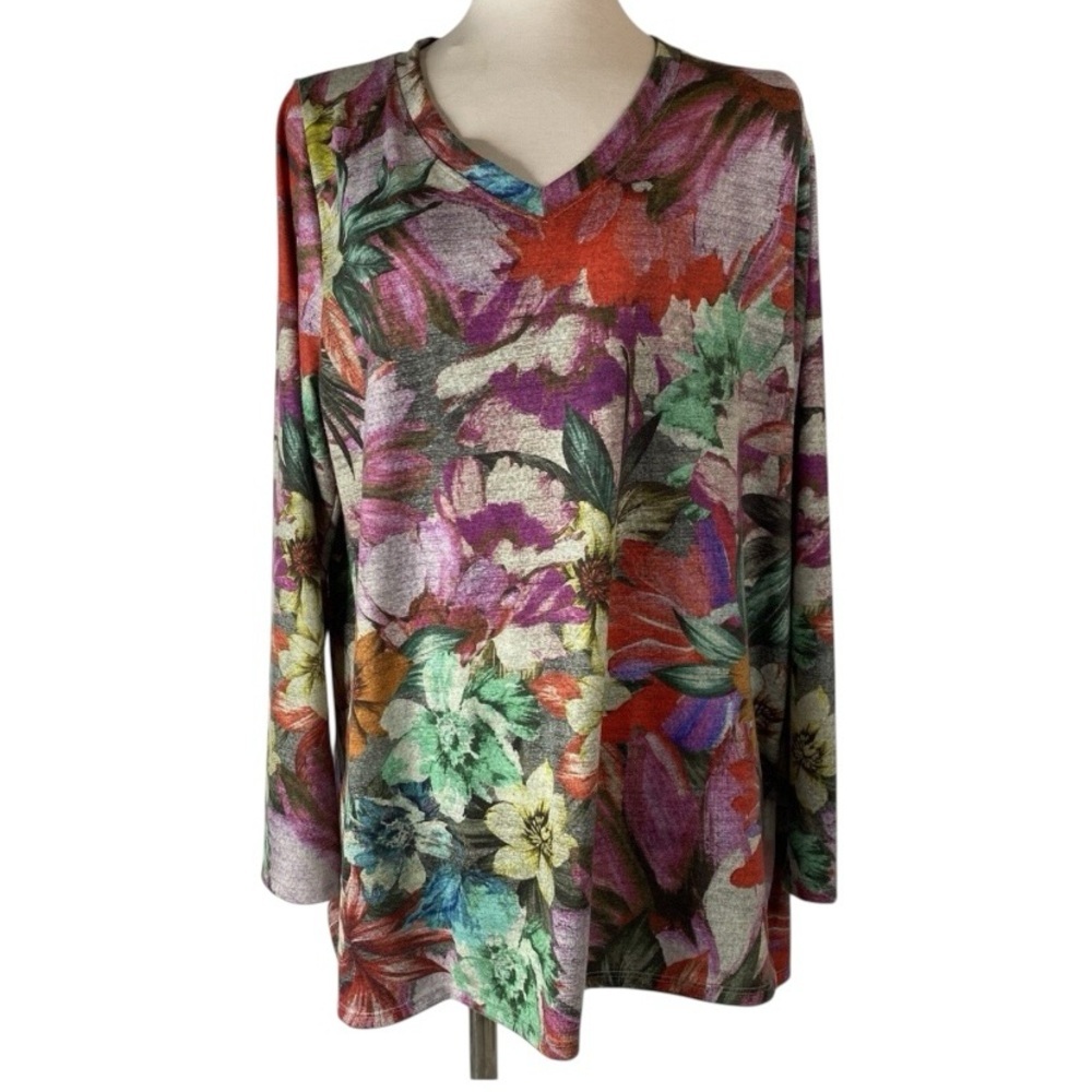 Soft Surroundings First Bloom Tunic vibrant watercolor floral V-neckline Comfort - Picture 3 of 12